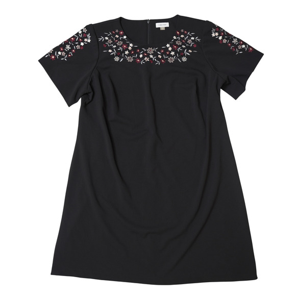 Calvin Klein Black Dress Crew-Neck Short-Sleeve Embroidered Cottagecore 16W EUC - Picture 1 of 12